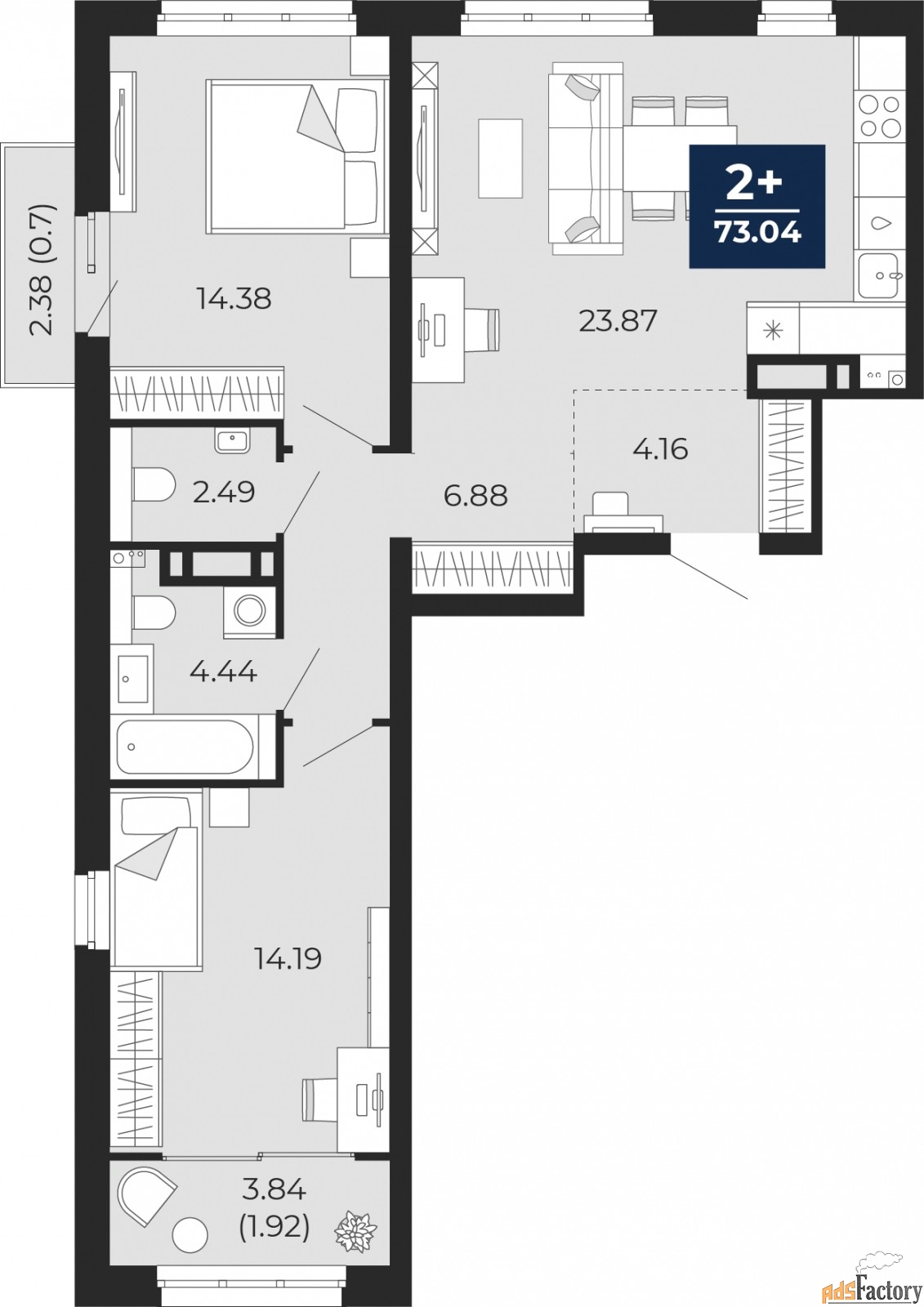 2 - комн.  квартира, 73.04 м², 16/21 эт.