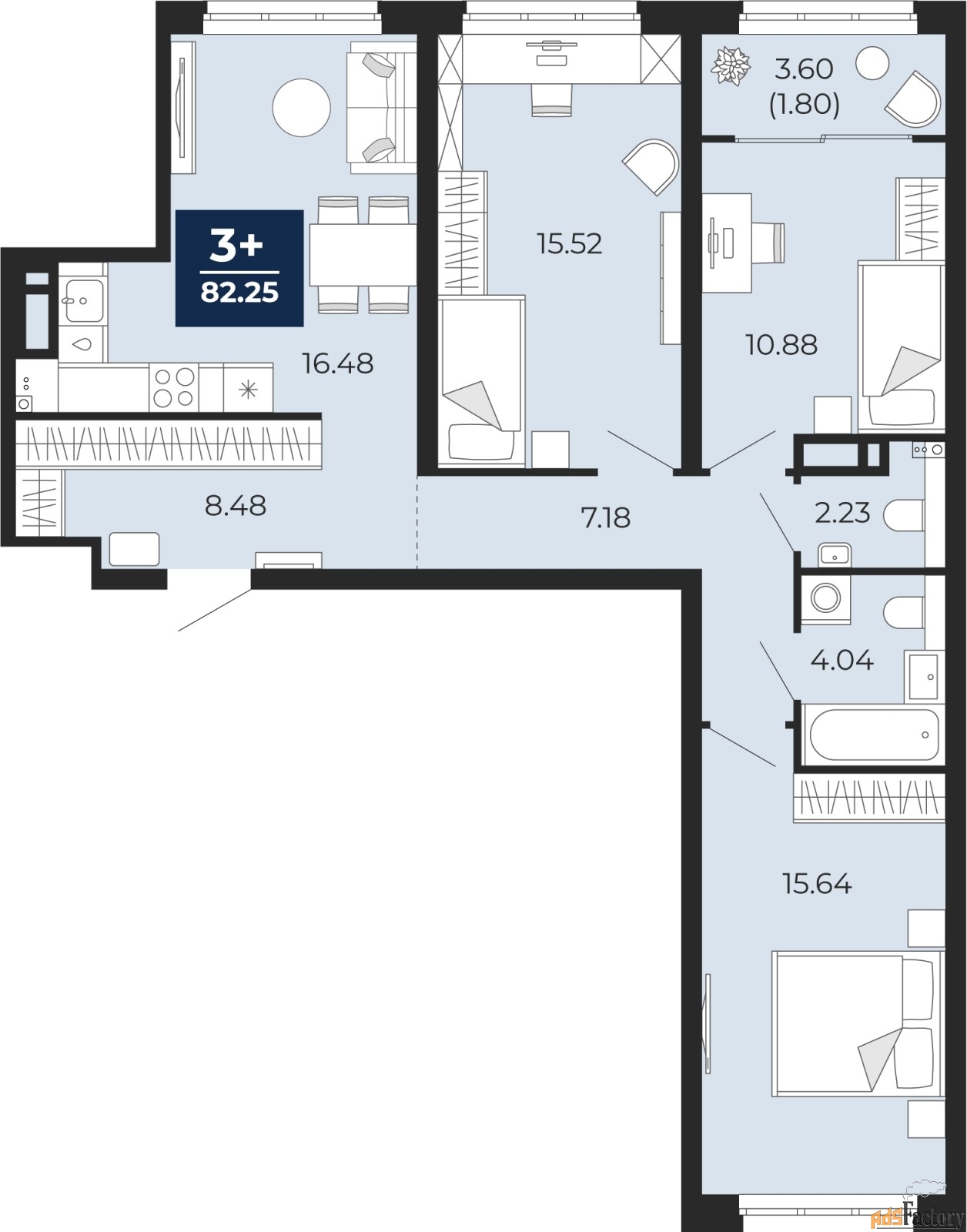 3 - комн.  квартира, 82.25 м², 9/9 эт.