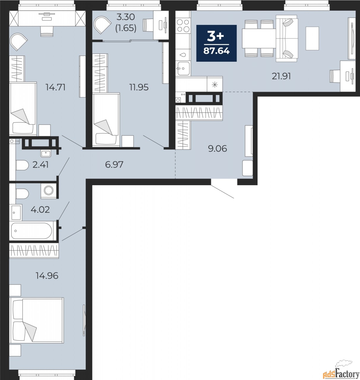 3 - комн.  квартира, 87.64 м², 4/21 эт.