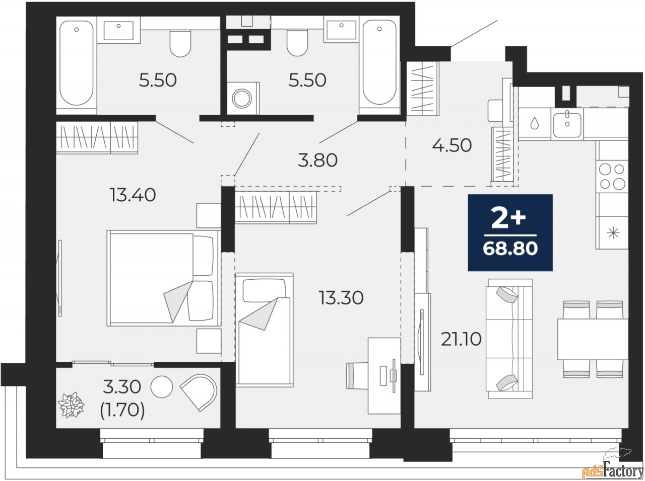 2 - комн.  квартира, 68.8 м², 2/18 эт.