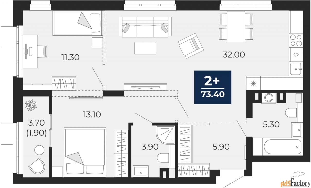 2 - комн.  квартира, 73.4 м², 2/9 эт.