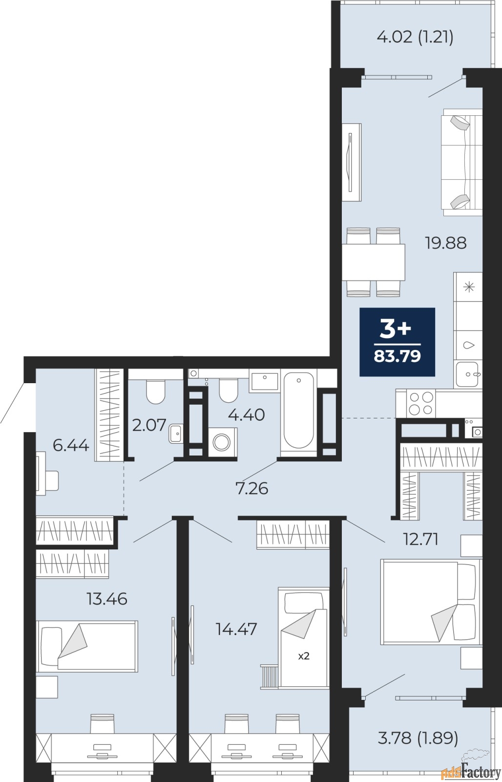 3 - комн.  квартира, 83.79 м², 21/23 эт.