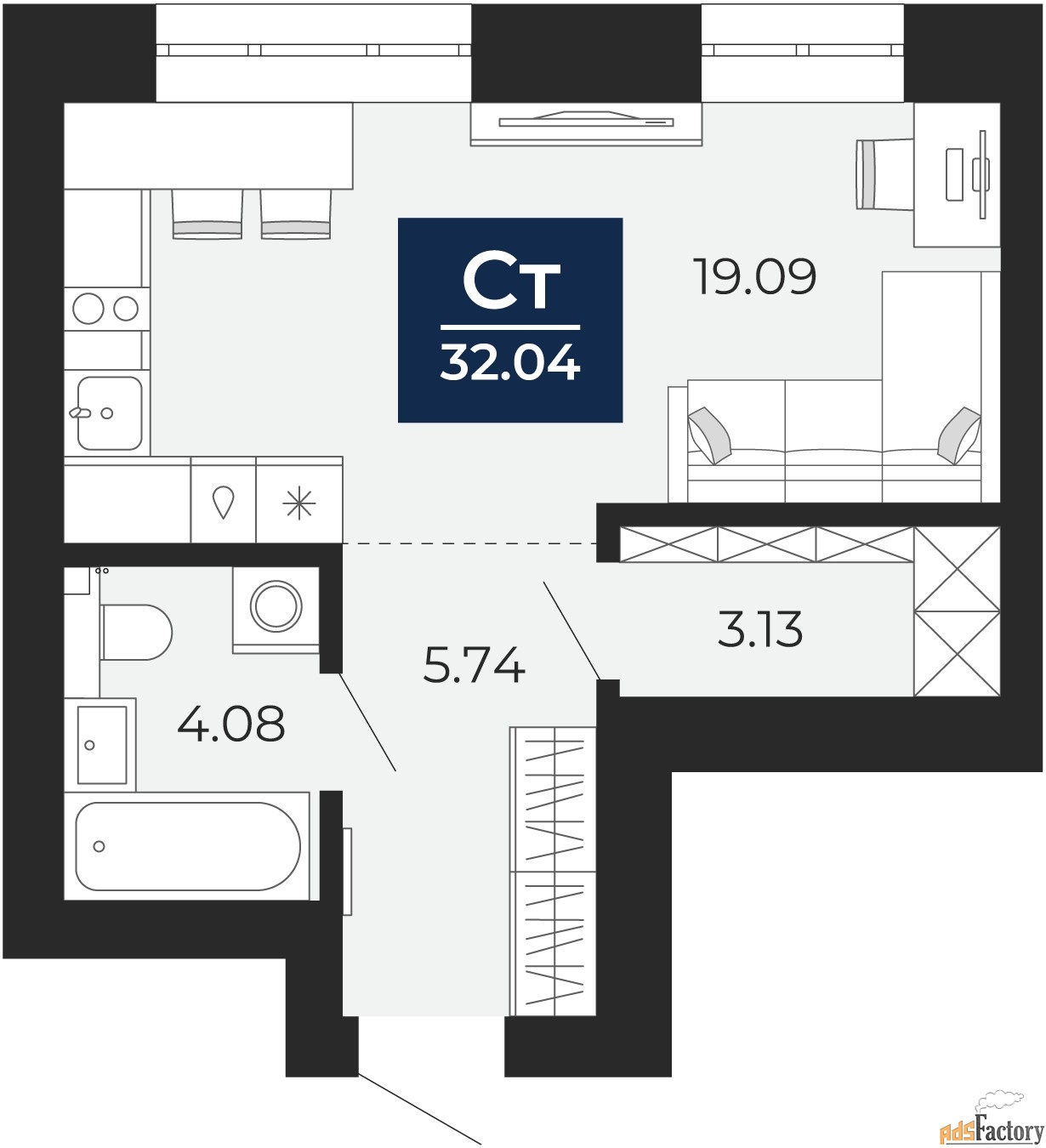 1 - комн.  квартира, 32.04 м², 8/12 эт.