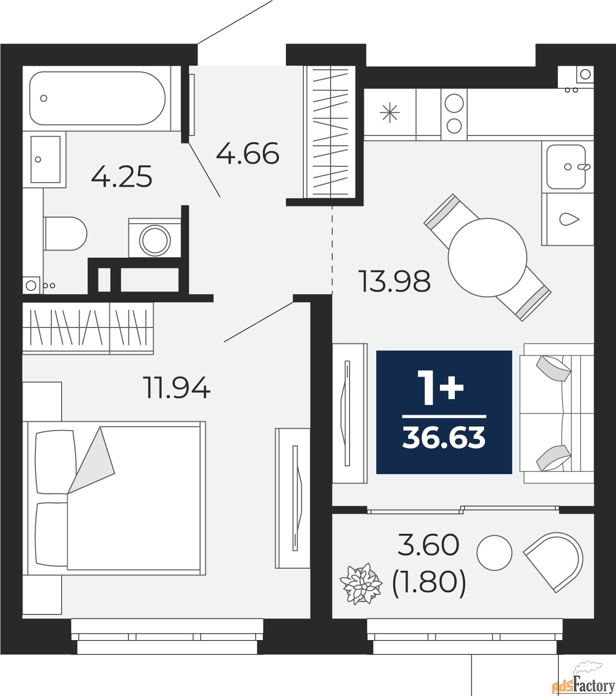 1 - комн.  квартира, 36.63 м², 2/21 эт.