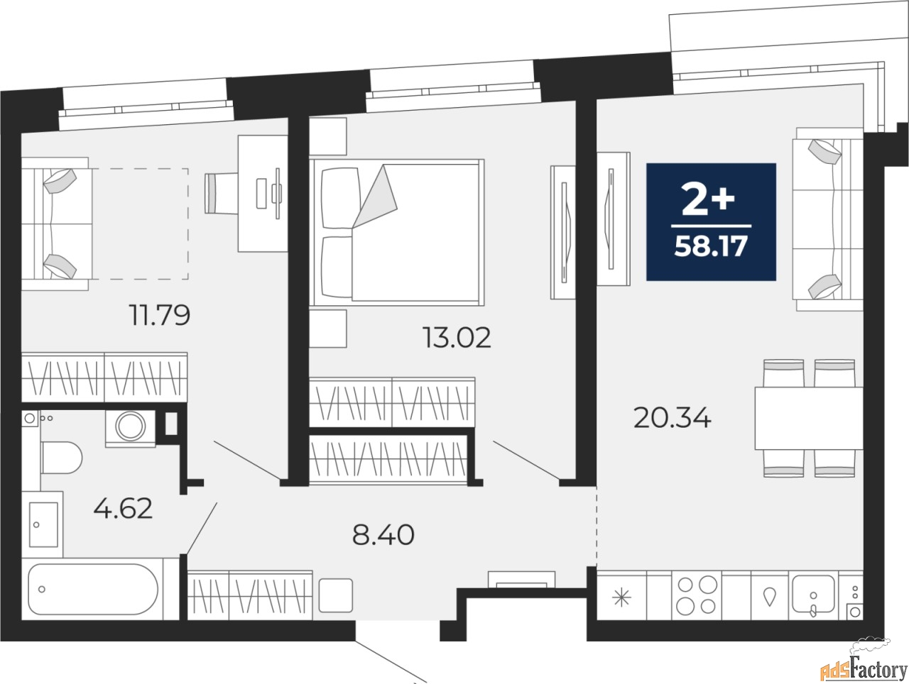 2 - комн.  квартира, 58.17 м², 2/21 эт.
