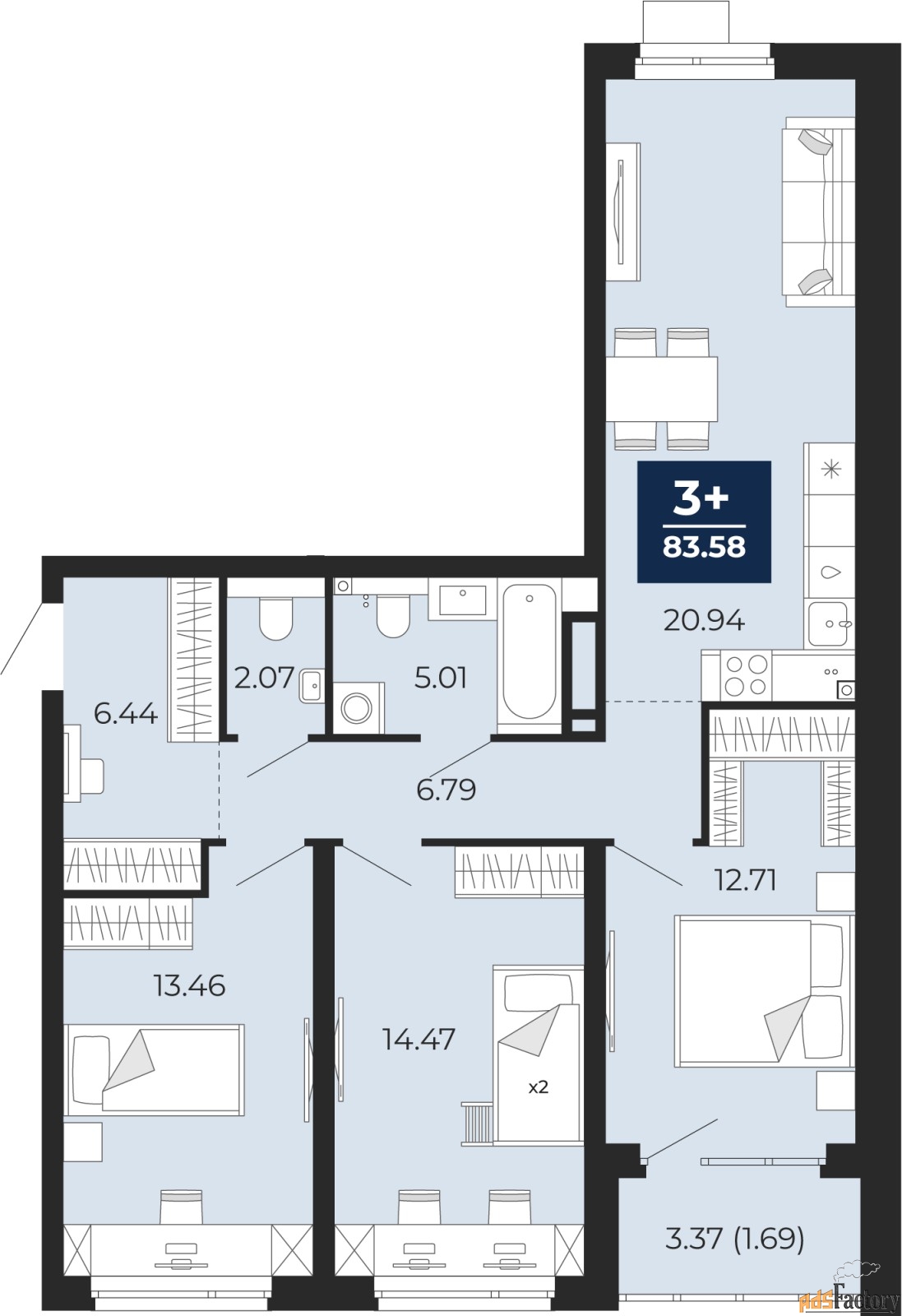 3 - комн.  квартира, 83.58 м², 2/21 эт.
