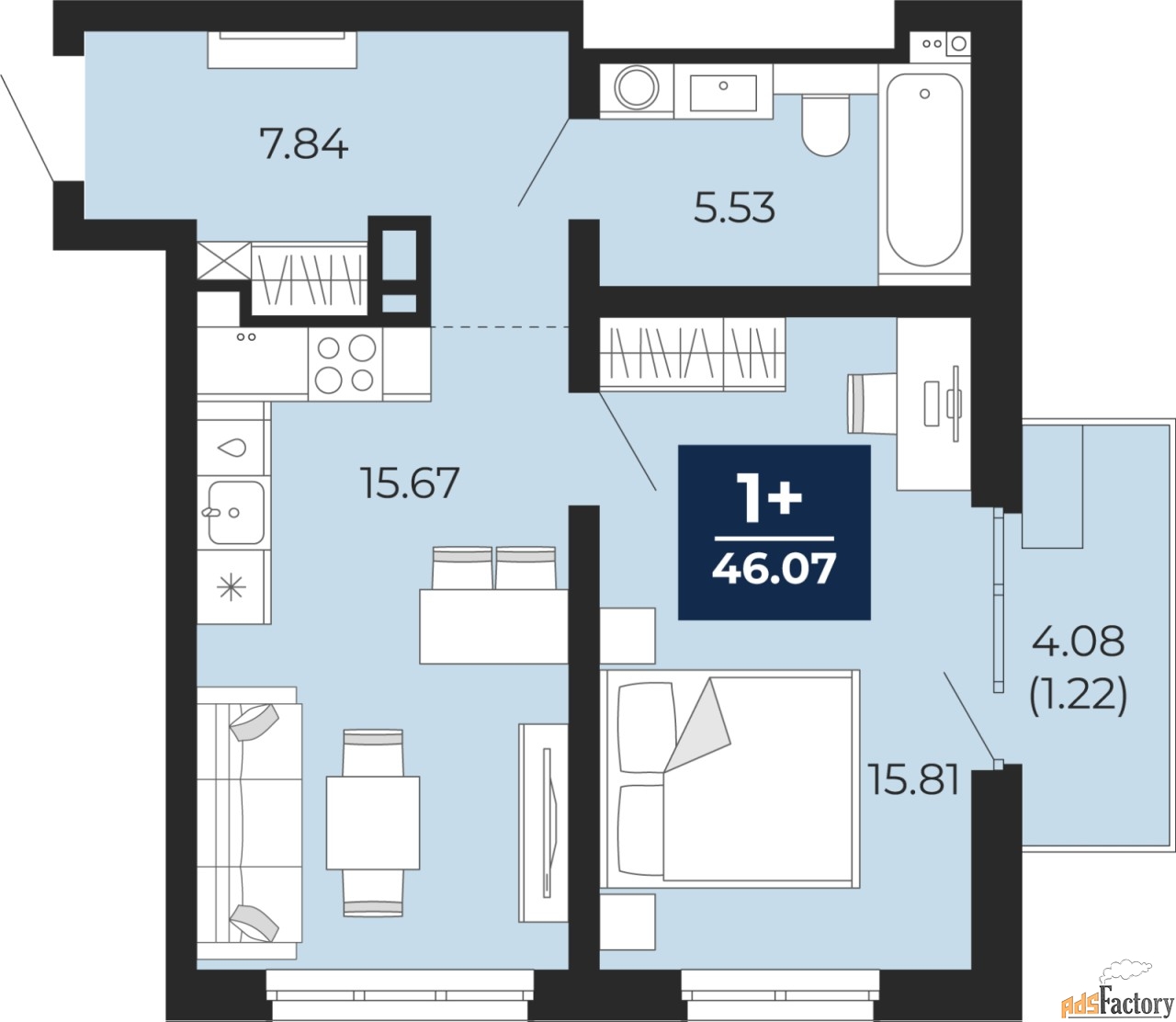 1 - комн.  квартира, 46.07 м², 5/22 эт.