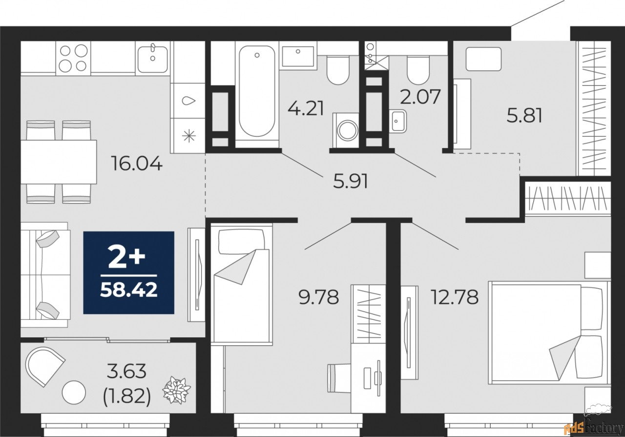 2 - комн.  квартира, 58.42 м², 7/9 эт.