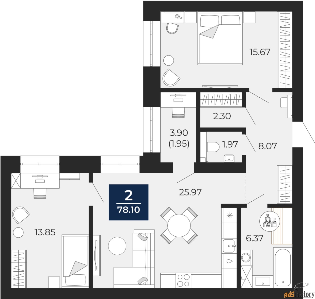 2 - комн.  квартира, 76.15 м², 6/12 эт.