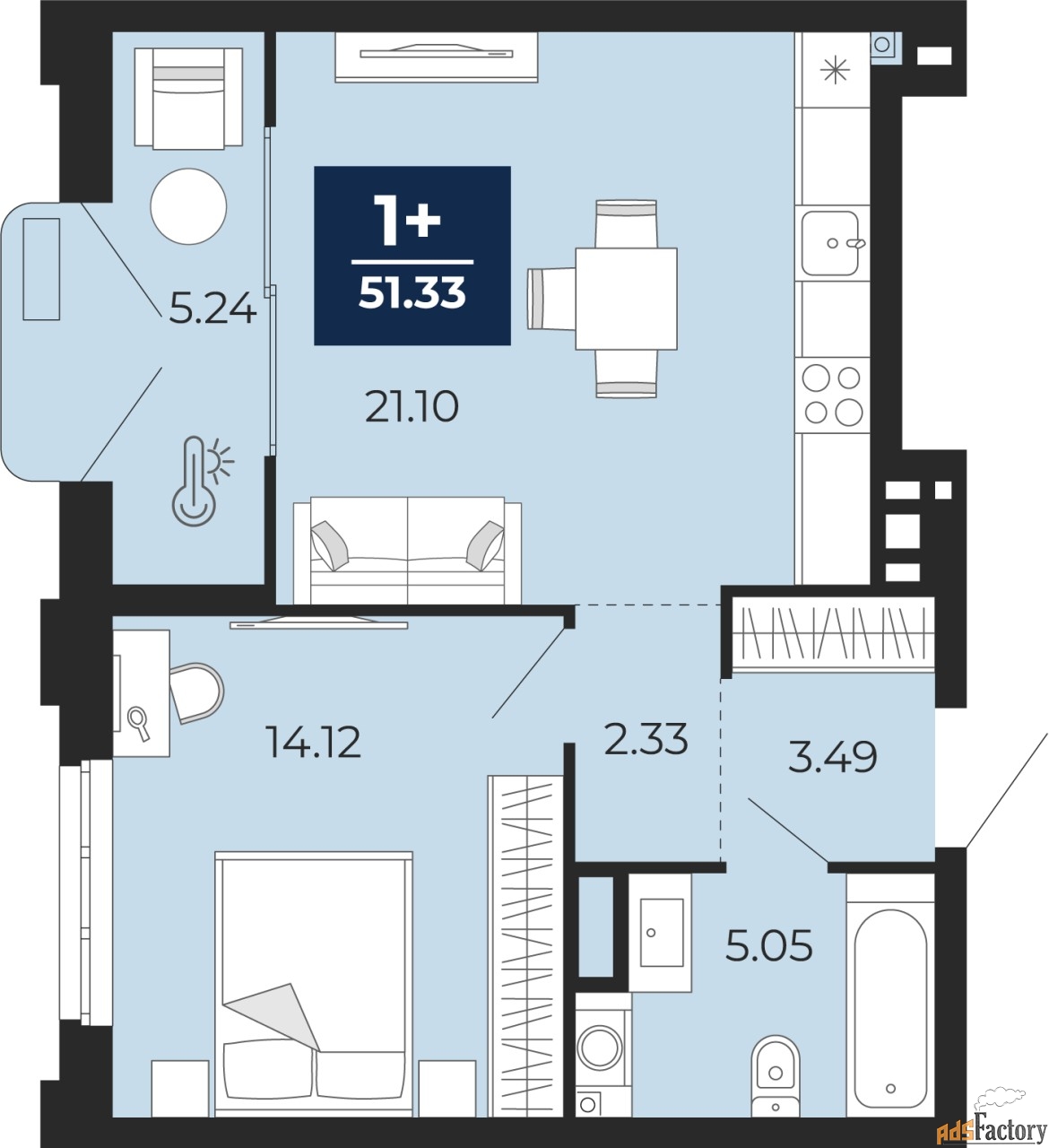 1 - комн.  квартира, 51.33 м², 2/24 эт.