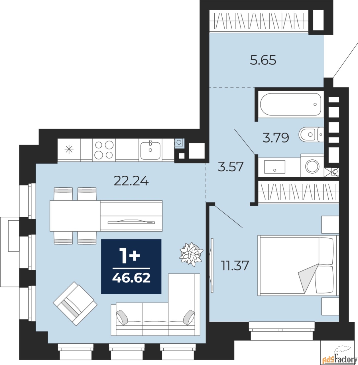 1 - комн.  квартира, 46.62 м², 3/24 эт.
