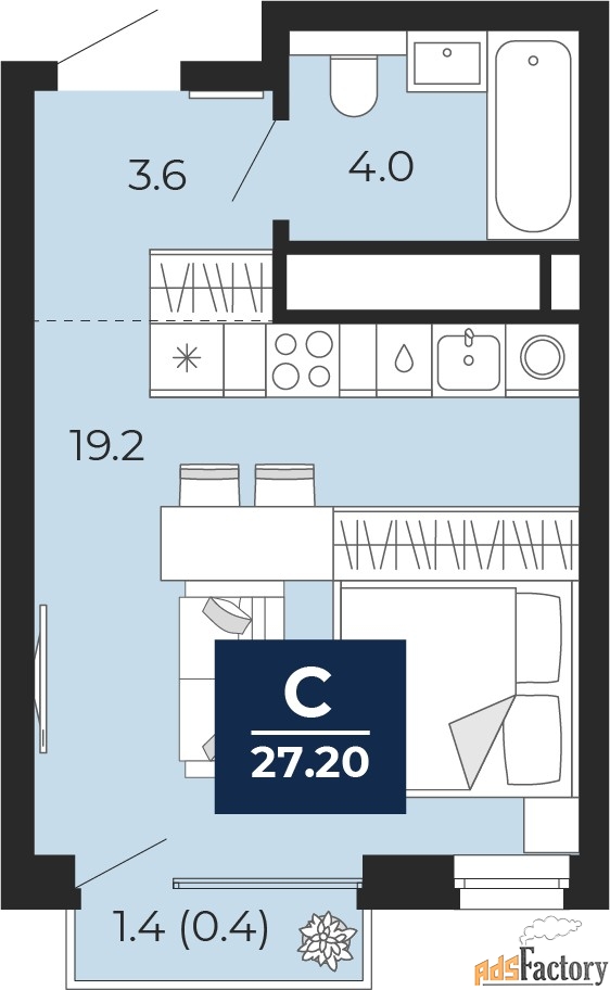 1 - комн.  квартира, 27.2 м², 9/16 эт.
