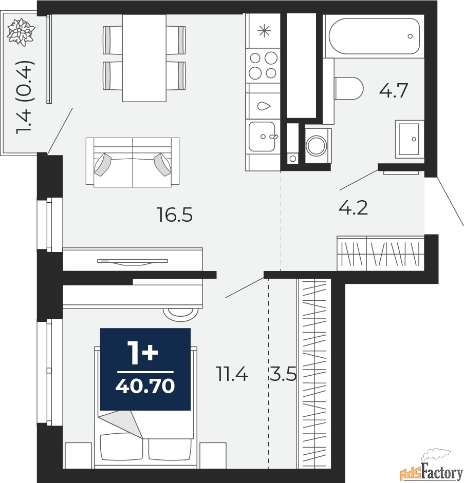 1 - комн.  квартира, 40.7 м², 9/18 эт.