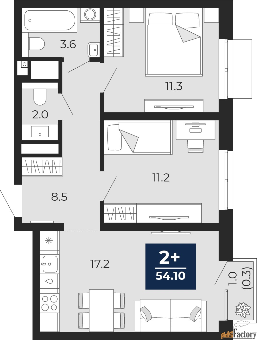 2 - комн.  квартира, 54.1 м², 21/25 эт.