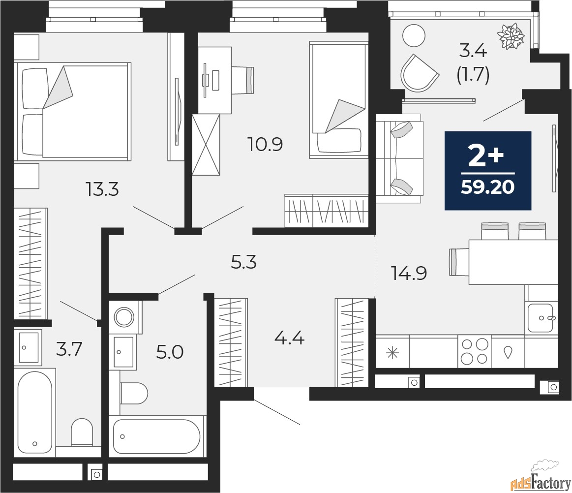 2 - комн.  квартира, 59.2 м², 9/16 эт.