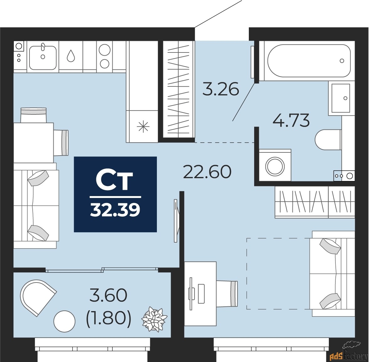 1 - комн.  квартира, 32.39 м², 2/9 эт.