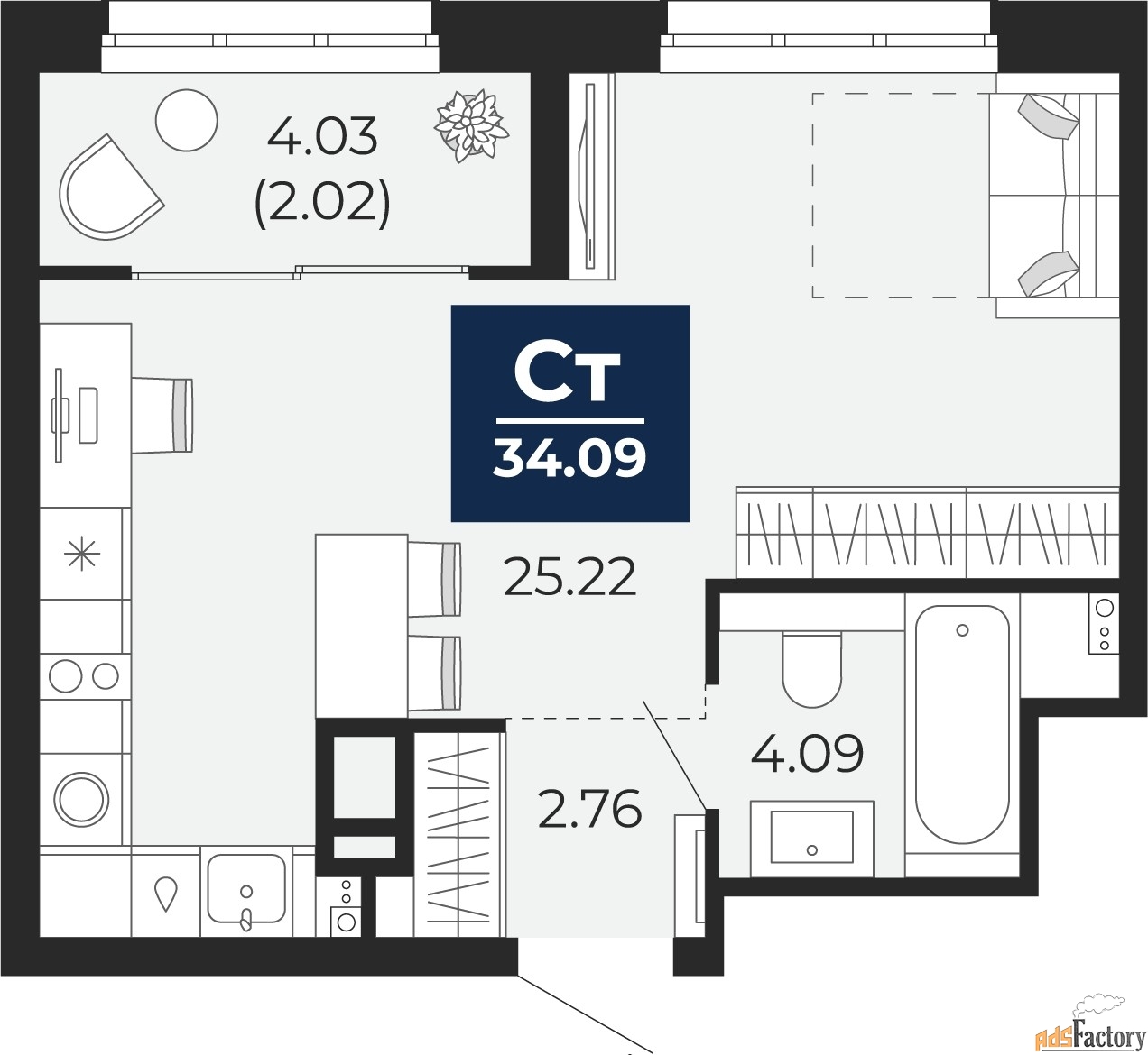 1 - комн.  квартира, 34.09 м², 16/16 эт.