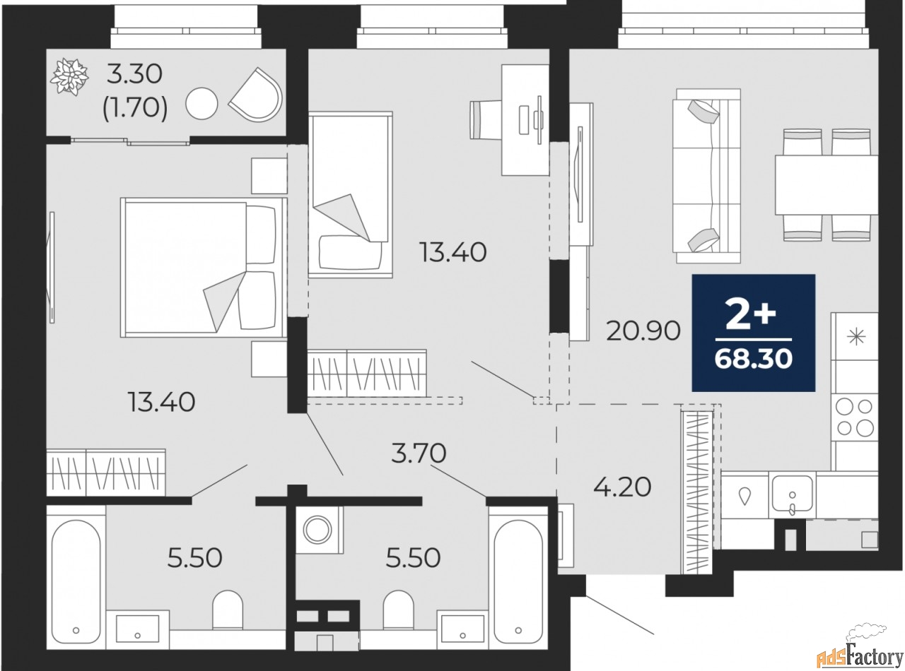 2 - комн.  квартира, 68.3 м², 2/18 эт.