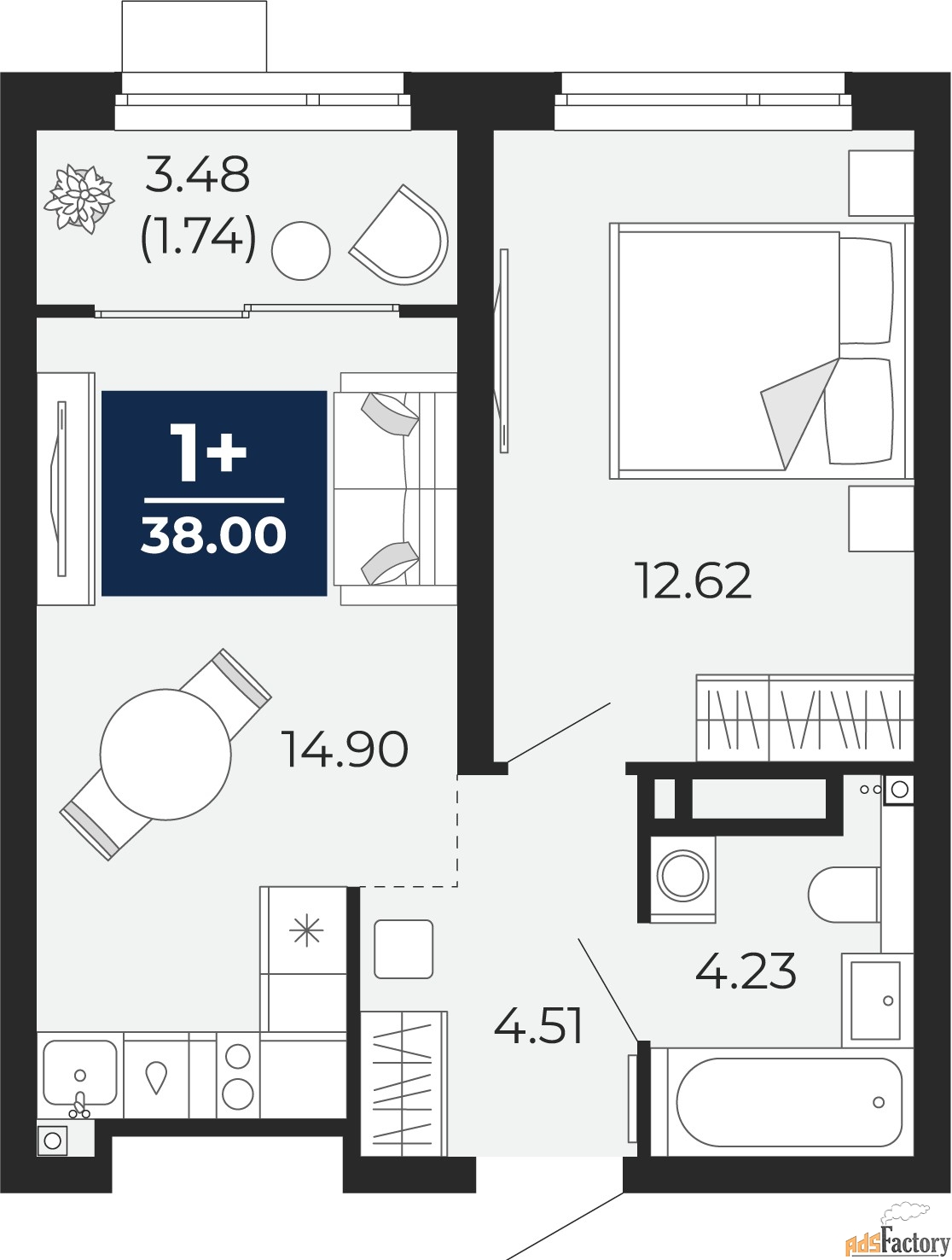 1 - комн.  квартира, 38 м², 17/23 эт.