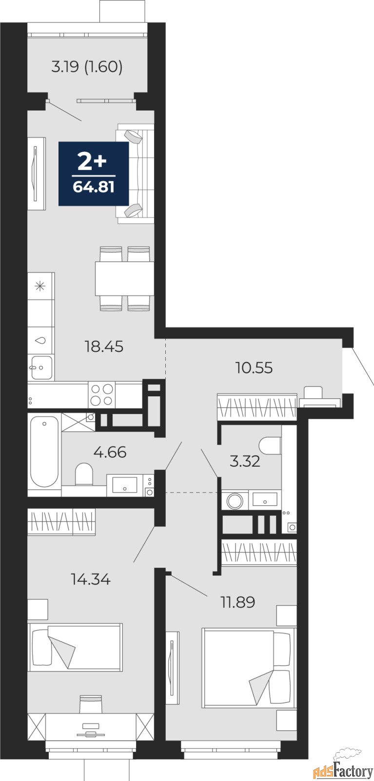 2 - комн.  квартира, 64.81 м², 10/22 эт.