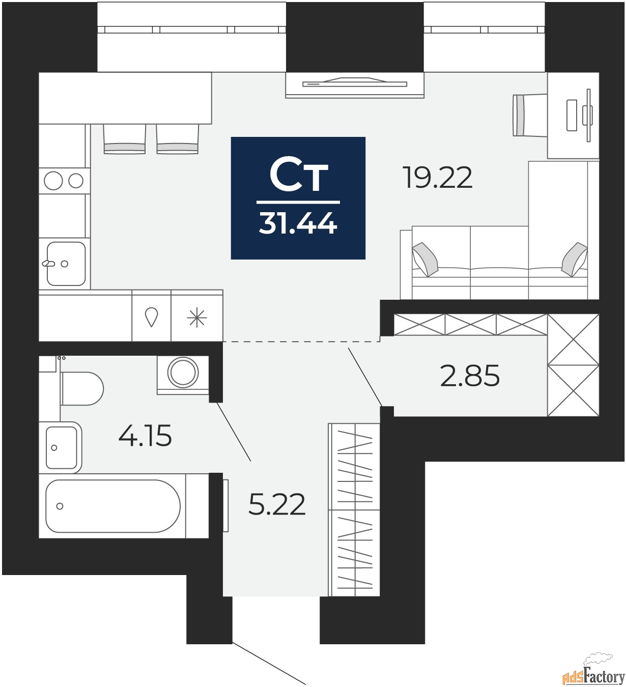 1 - комн.  квартира, 31.44 м², 2/10 эт.