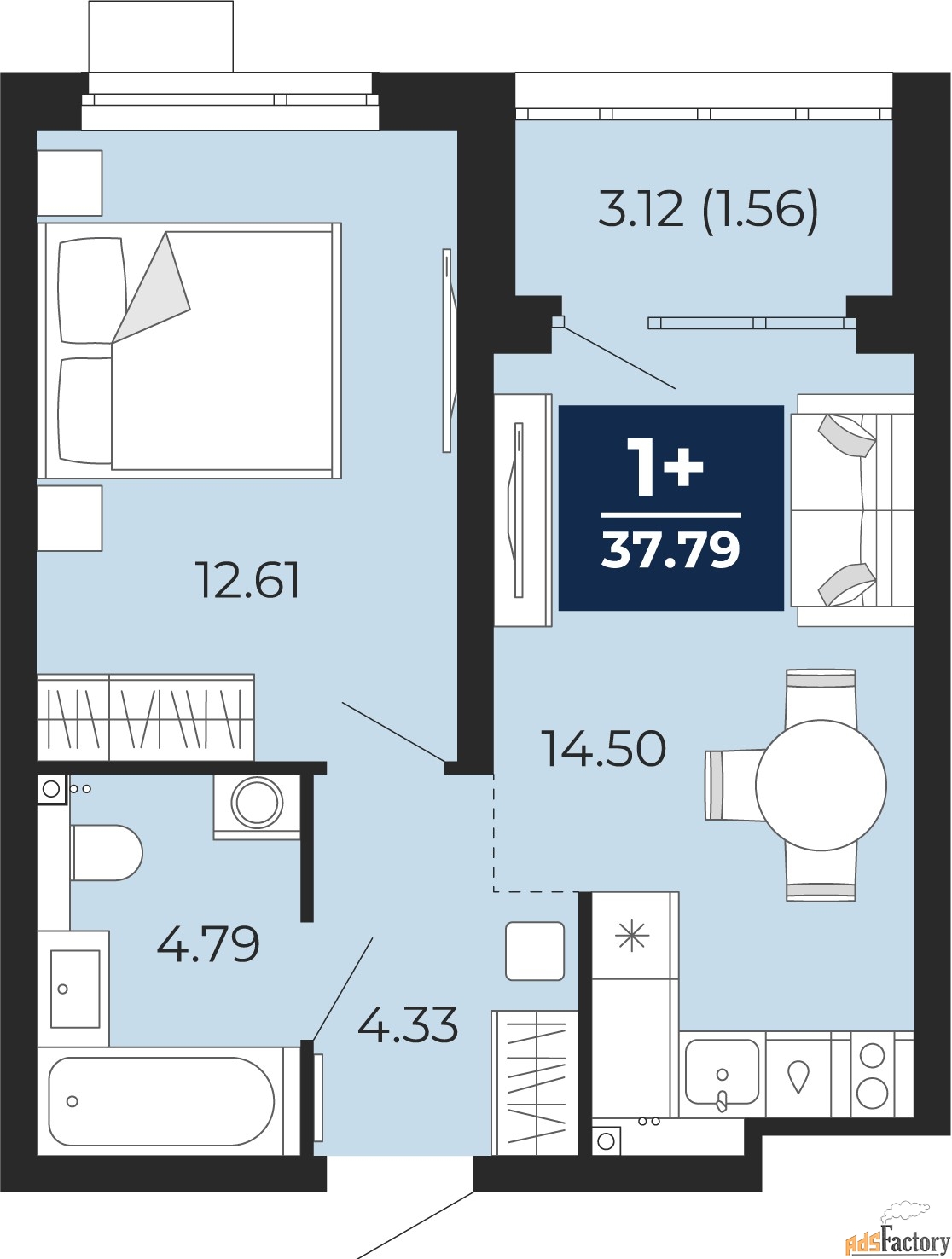 1 - комн.  квартира, 37.79 м², 2/21 эт.