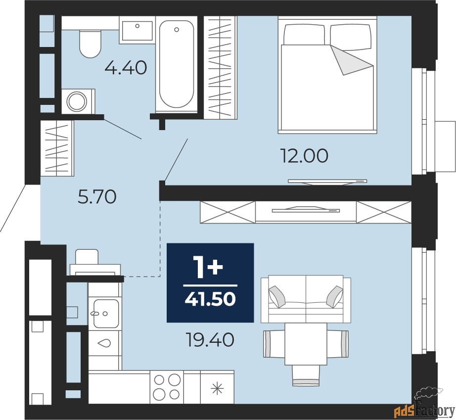 1 - комн.  квартира, 41.5 м², 22/24 эт.
