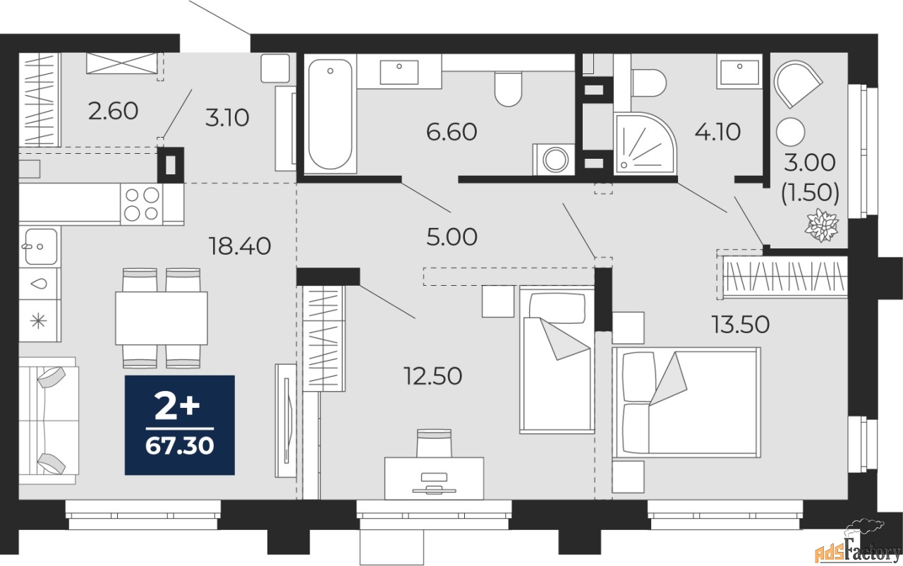 2 - комн.  квартира, 67.3 м², 2/20 эт.