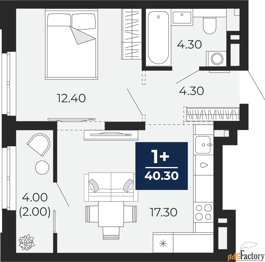 1 - комн.  квартира, 40.3 м², 16/18 эт.