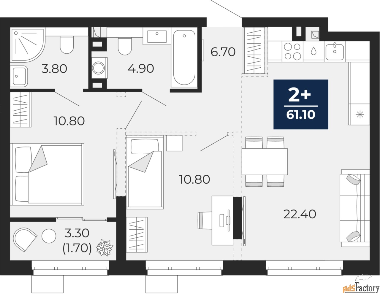 2 - комн.  квартира, 61.1 м², 2/24 эт.