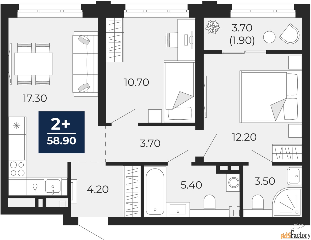 2 - комн.  квартира, 58.9 м², 2/18 эт.
