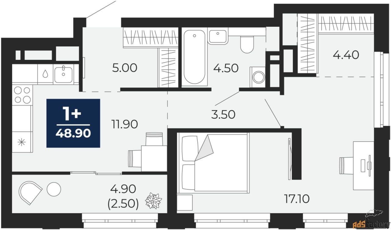 1 - комн.  квартира, 48.9 м², 18/18 эт.