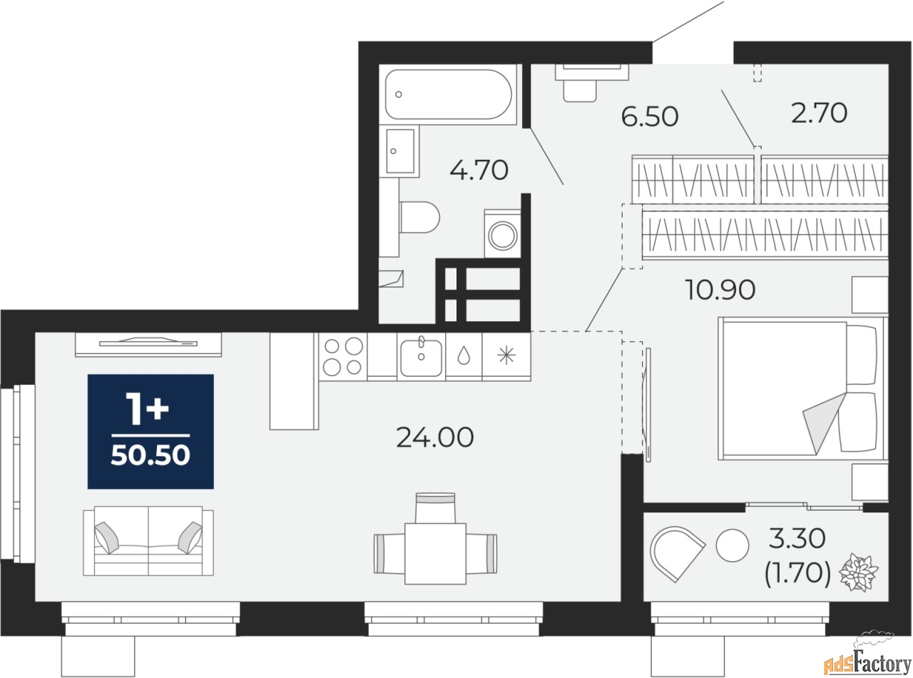 1 - комн.  квартира, 50.5 м², 10/24 эт.