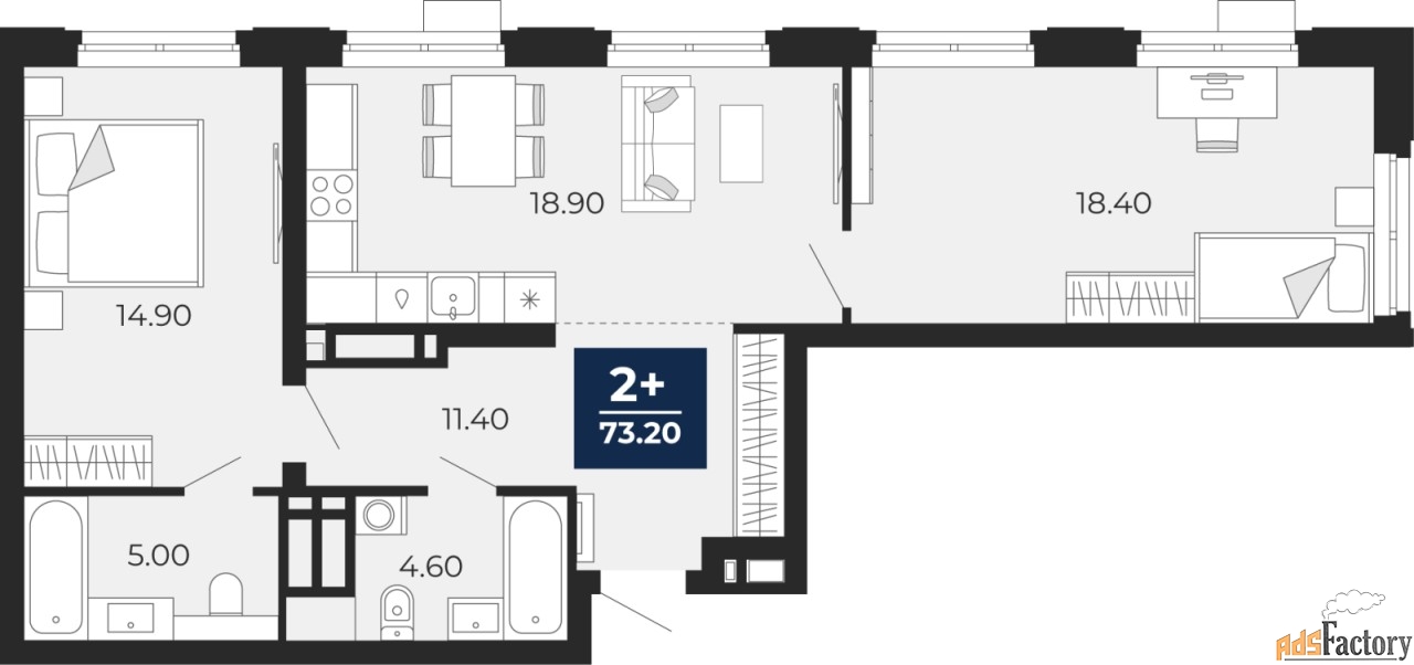 2 - комн.  квартира, 73.2 м², 7/24 эт.