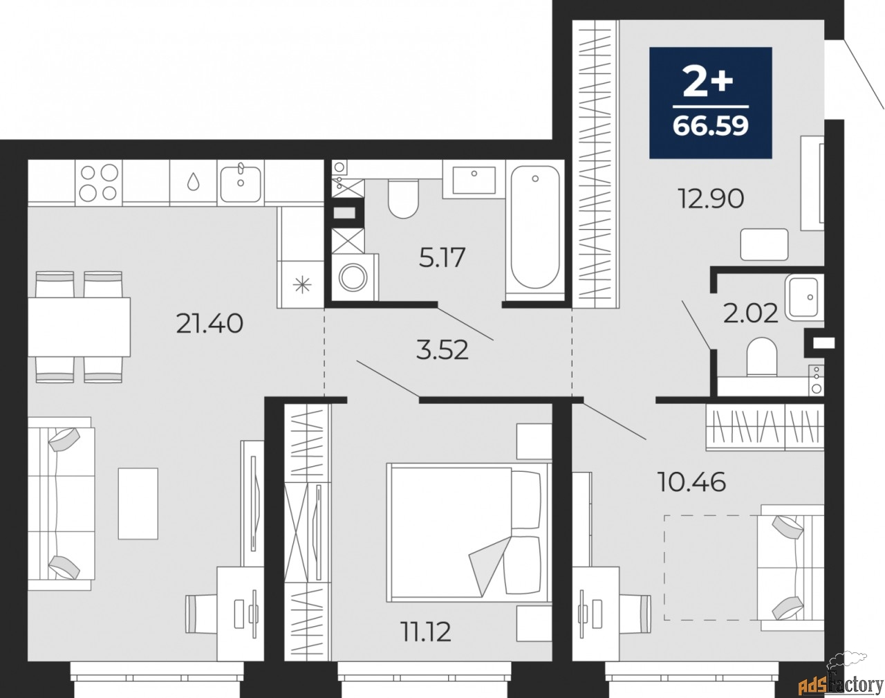 2 - комн.  квартира, 66.59 м², 1/12 эт.