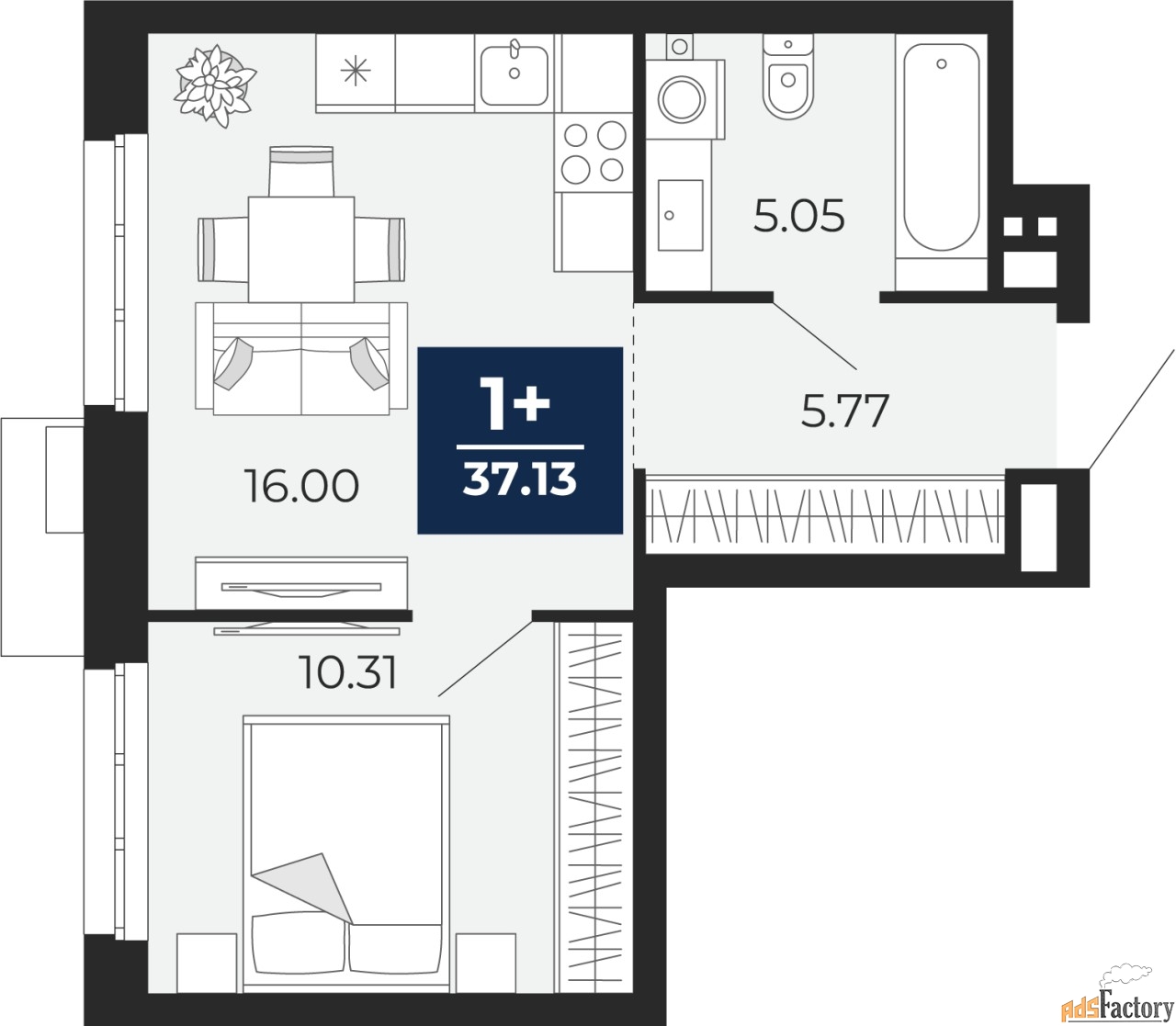1 - комн.  квартира, 37.13 м², 2/24 эт.