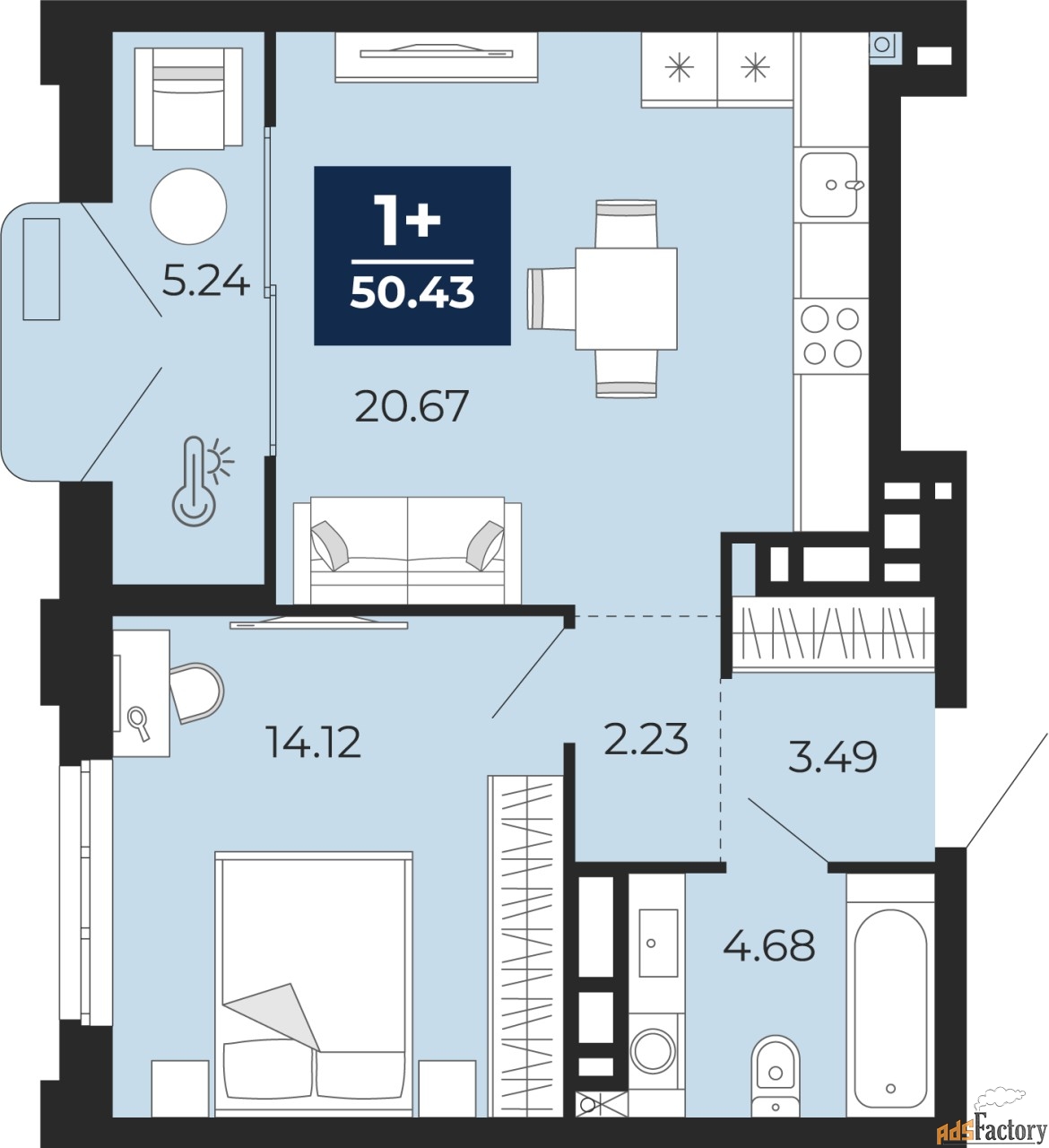 1 - комн.  квартира, 50.43 м², 3/24 эт.