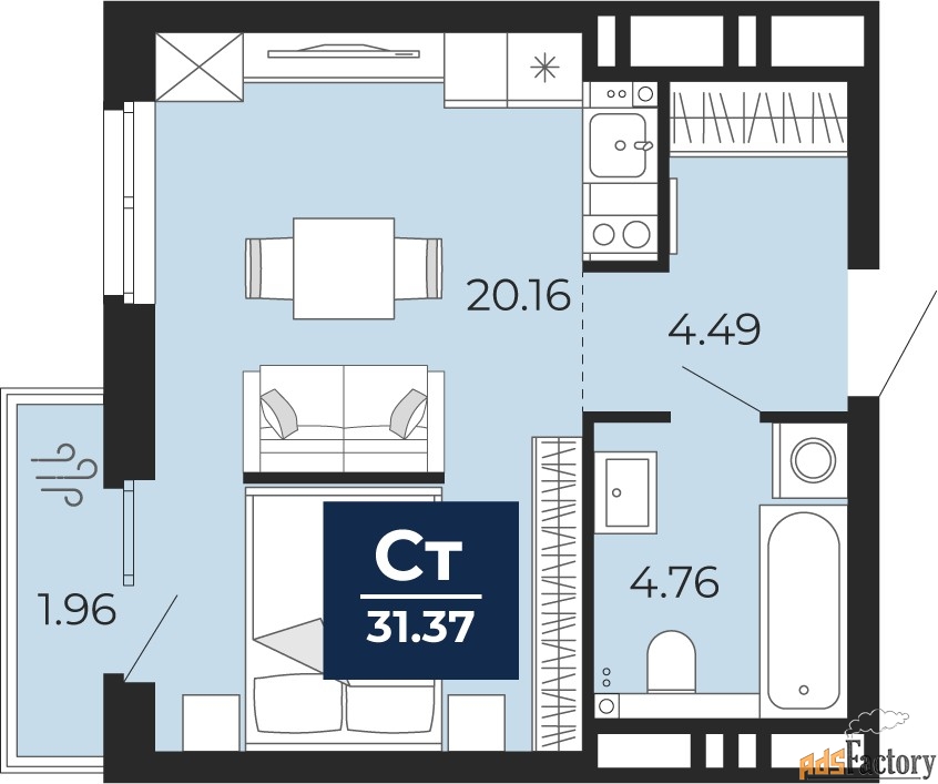 1 - комн.  квартира, 30 м², 8/20 эт.