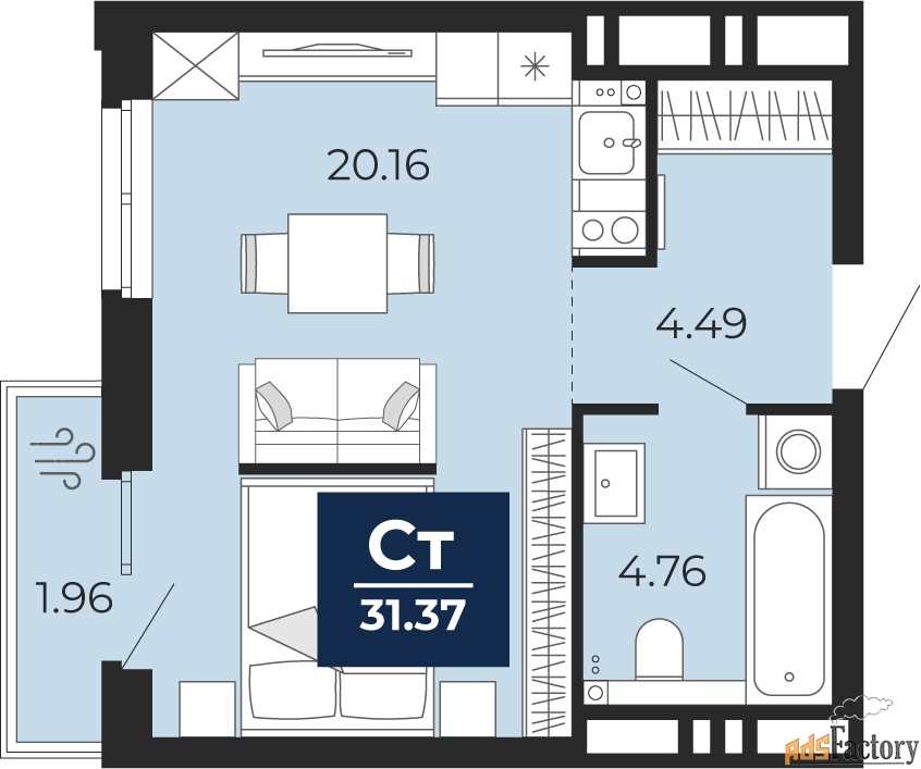 1 - комн.  квартира, 30 м², 13/20 эт.