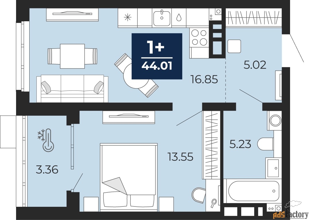 1 - комн.  квартира, 42.33 м², 2/12 эт.