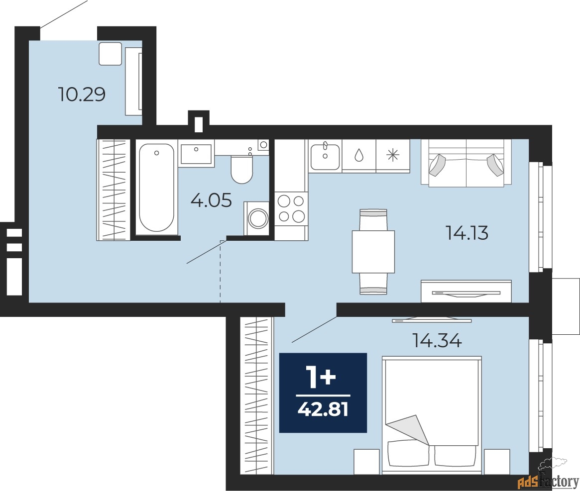 1 - комн.  квартира, 42.81 м², 1/20 эт.
