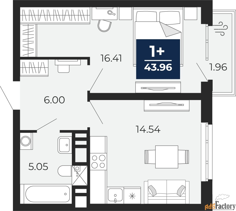 1 - комн.  квартира, 42.59 м², 16/20 эт.