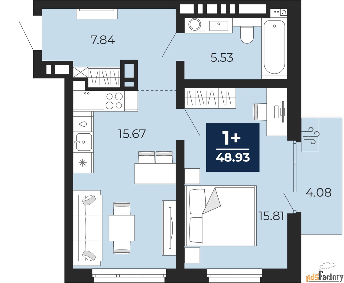 1 - комн.  квартира, 46.07 м², 2/12 эт.