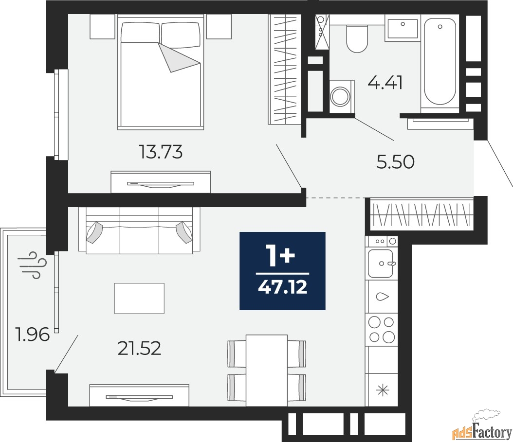 1 - комн.  квартира, 45.75 м², 8/20 эт.