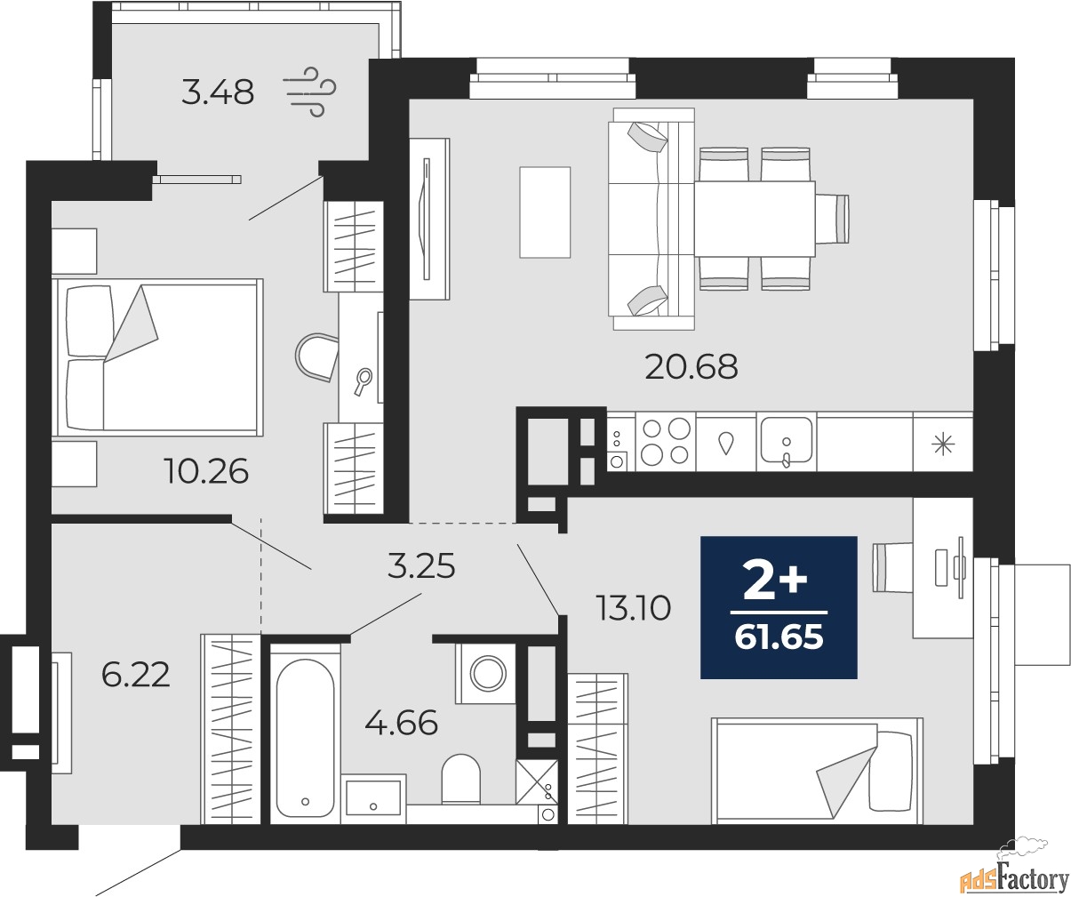 2 - комн.  квартира, 59.21 м², 8/20 эт.