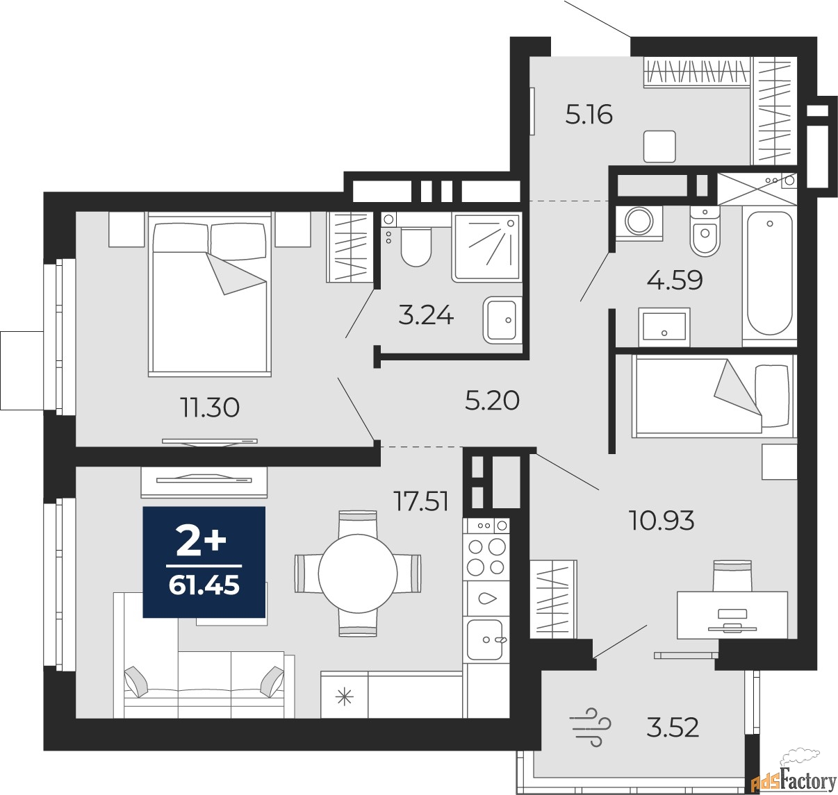 2 - комн.  квартира, 58.99 м², 8/20 эт.