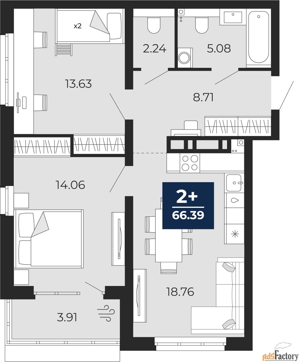 2 - комн.  квартира, 63.65 м², 2/12 эт.