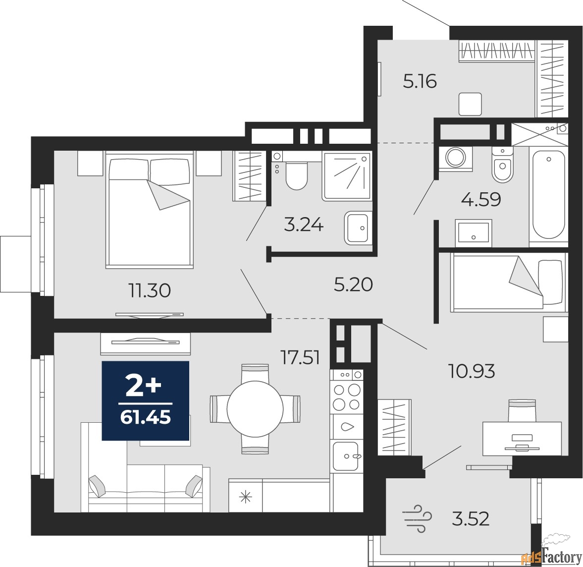2 - комн.  квартира, 58.99 м², 13/20 эт.