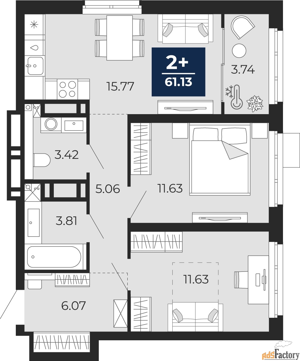 2 - комн.  квартира, 59.26 м², 17/20 эт.