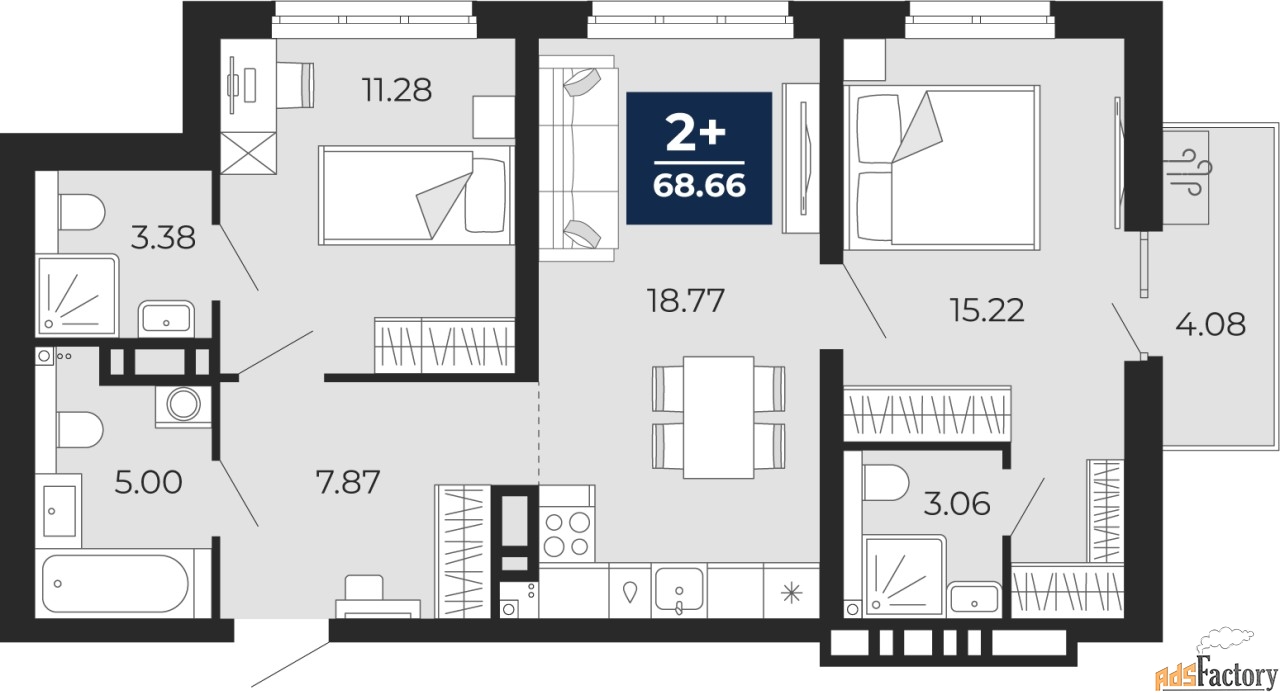 2 - комн.  квартира, 65.8 м², 6/12 эт.